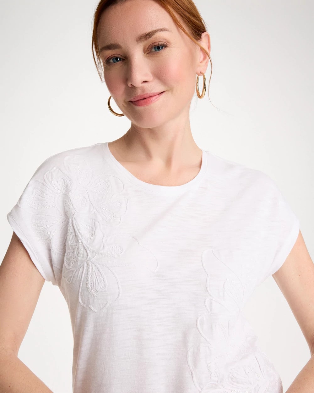 Chico's Cotton Slub Embroidered Wedge Tee Alabaster