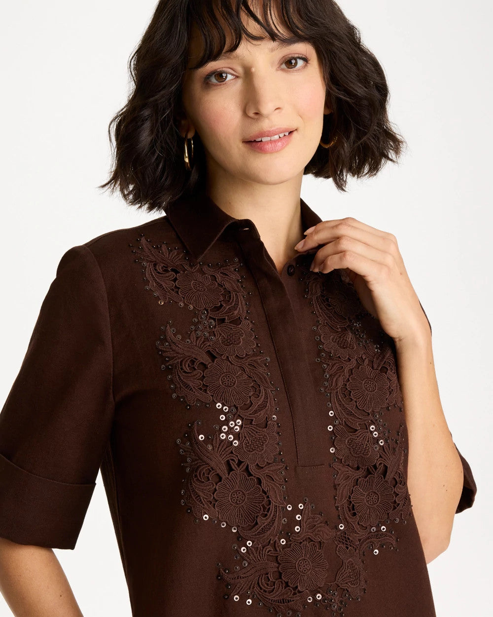 Chico's Embellished Linen Popover Dress Deep Brown