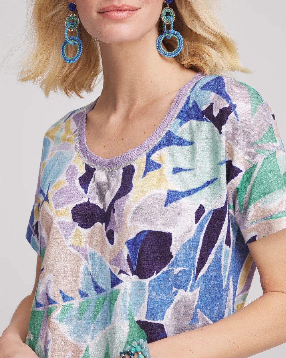 Chico's Tropical Nights Sweater-Trim Linen Tee Blue Casa