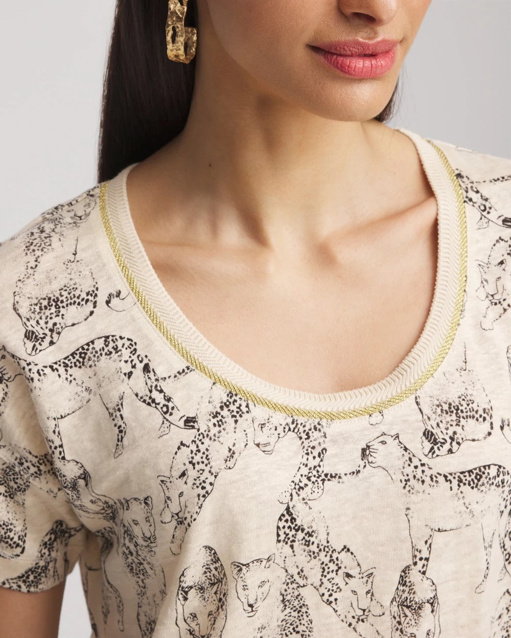 Chico's Panther Sweater-Trim Linen Tee Glistening Sand