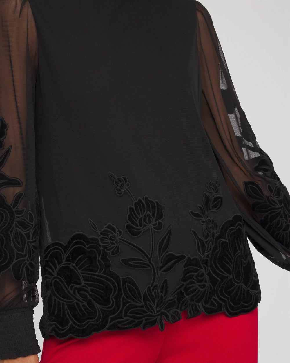 Chico's Sheer Mesh Velvet Appliqué Top Black