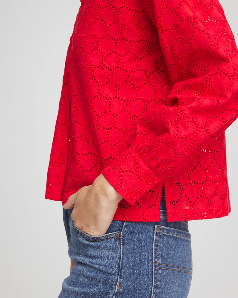Chico's Heart Eyelet Button Down Shirt Love Letter Red