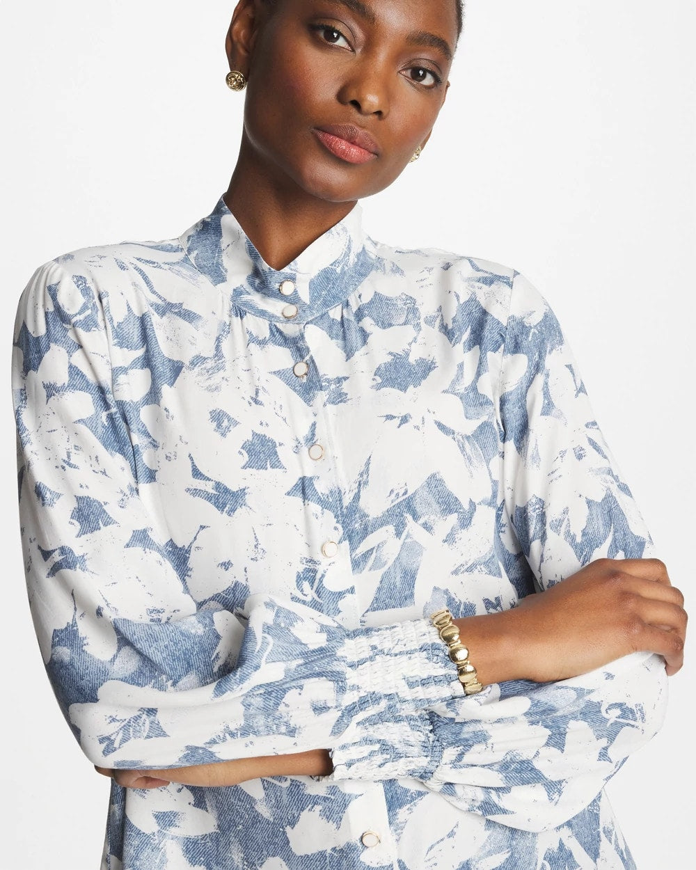Chico's Faux Silk Mockneck Blouse Tidal Blue