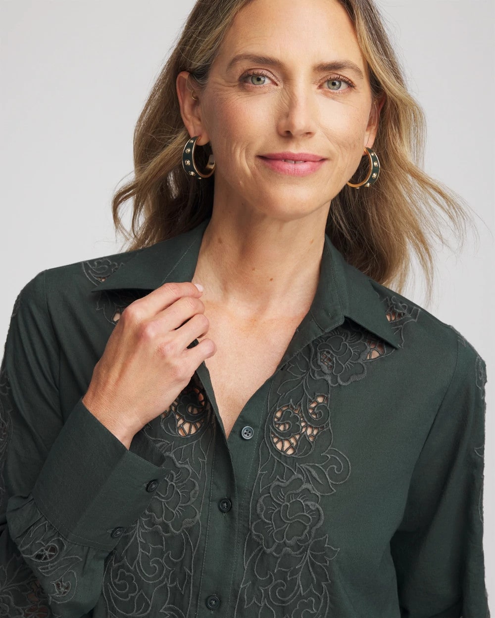 Chico's Lace Cotton Voile Shirt Darkest Spruce