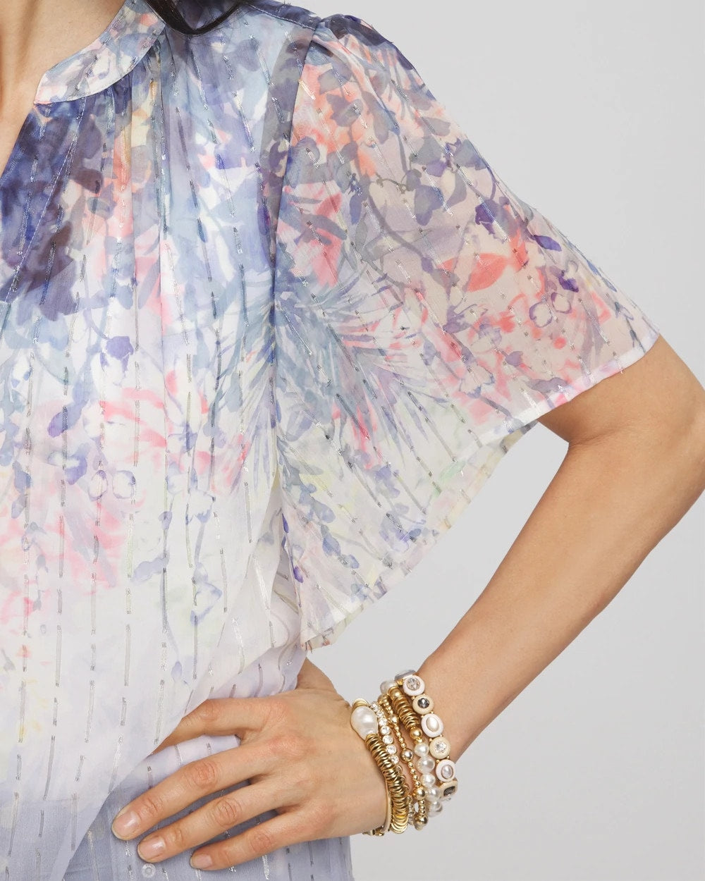 Chico's Jacquard Flutter-Sleeve Blouse Blue Pearl