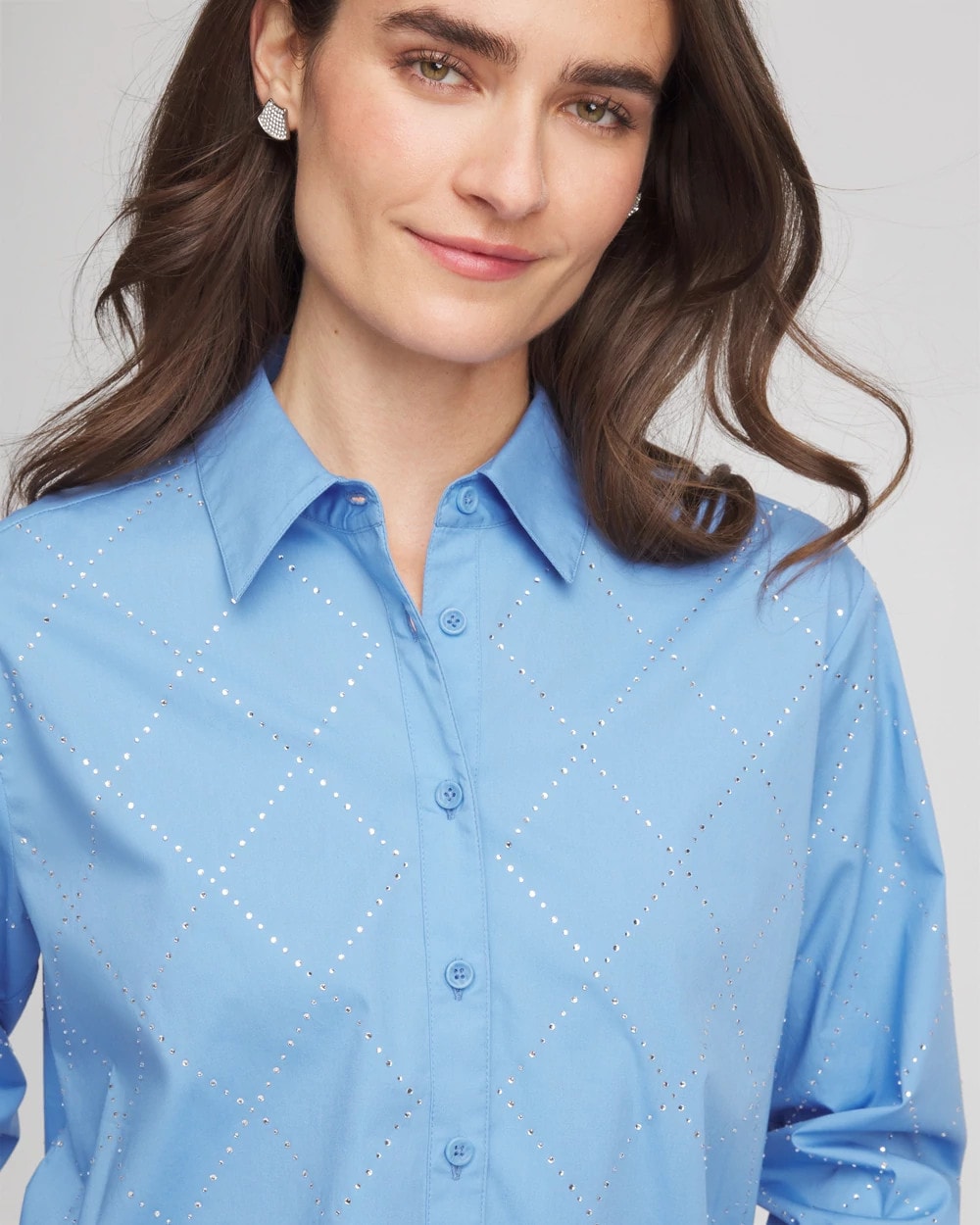 Chico's Embellished Stretch Cotton Collared Shirt Tidal Blue