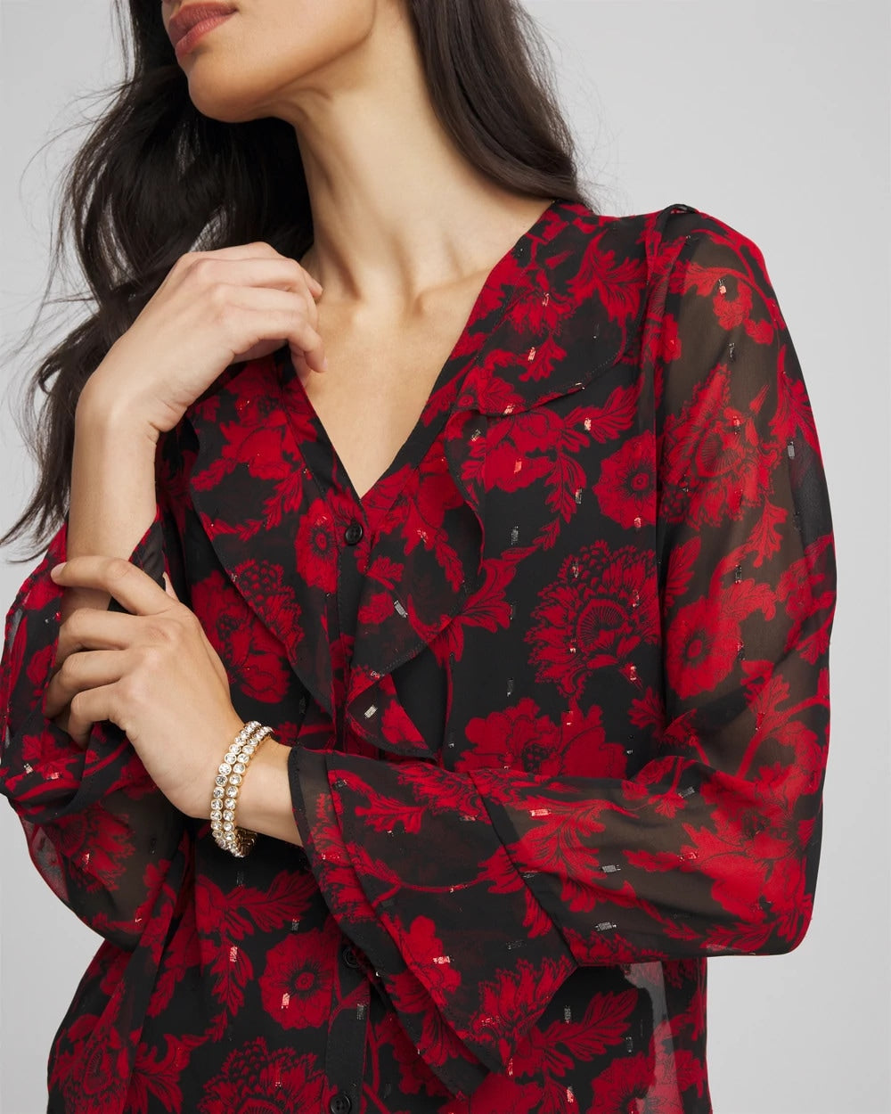 Chico's Georgette Clip Dot Ruffle Blouse Carmine Red