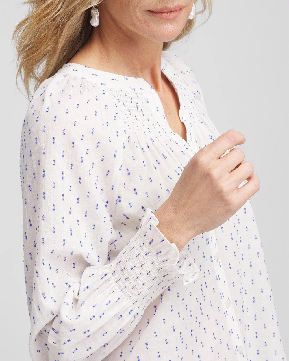 Chico's Smocked Split-neck Blouse Blue Casa