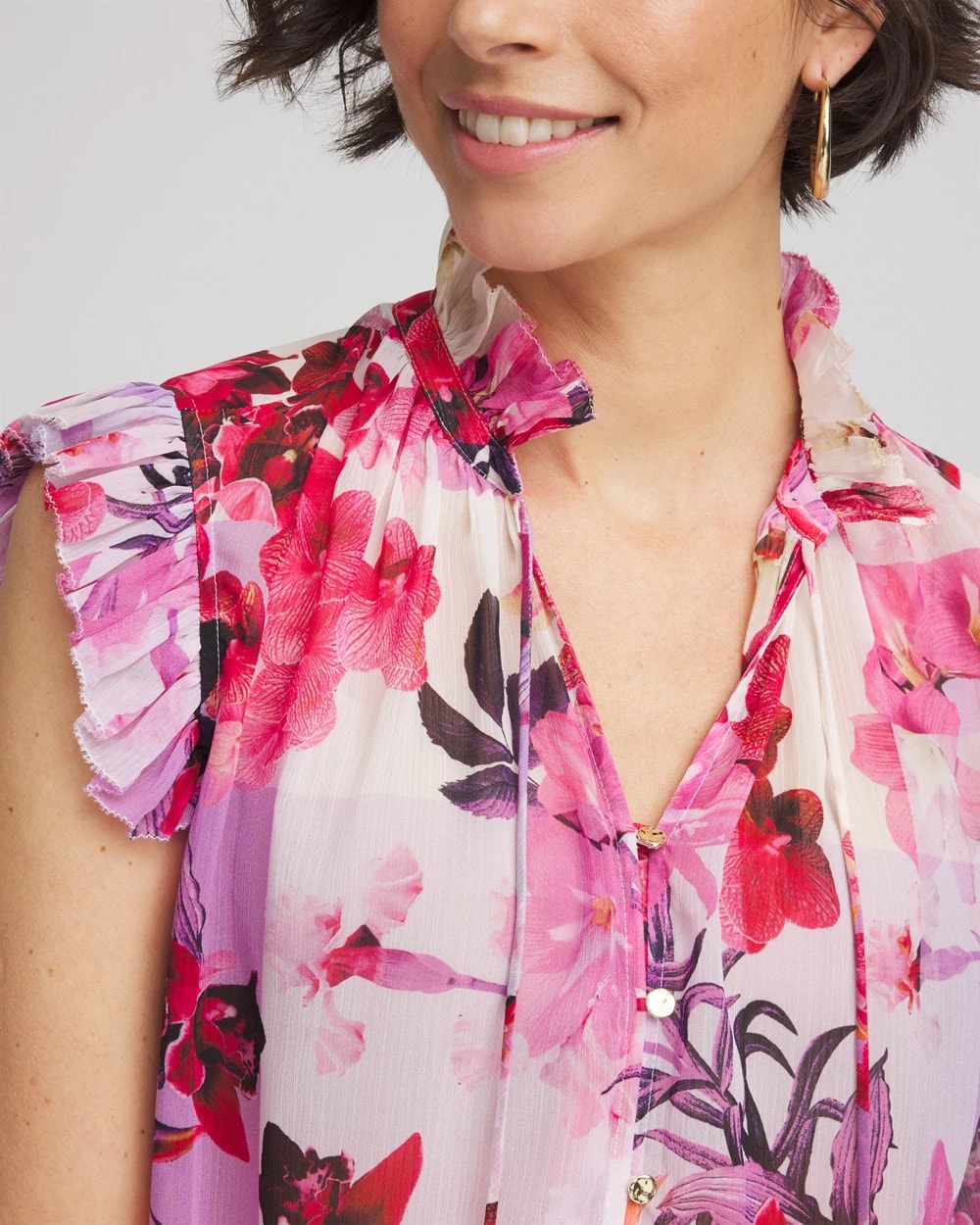 Chico's Floral Ruffle Collar Blouse Plum Shade