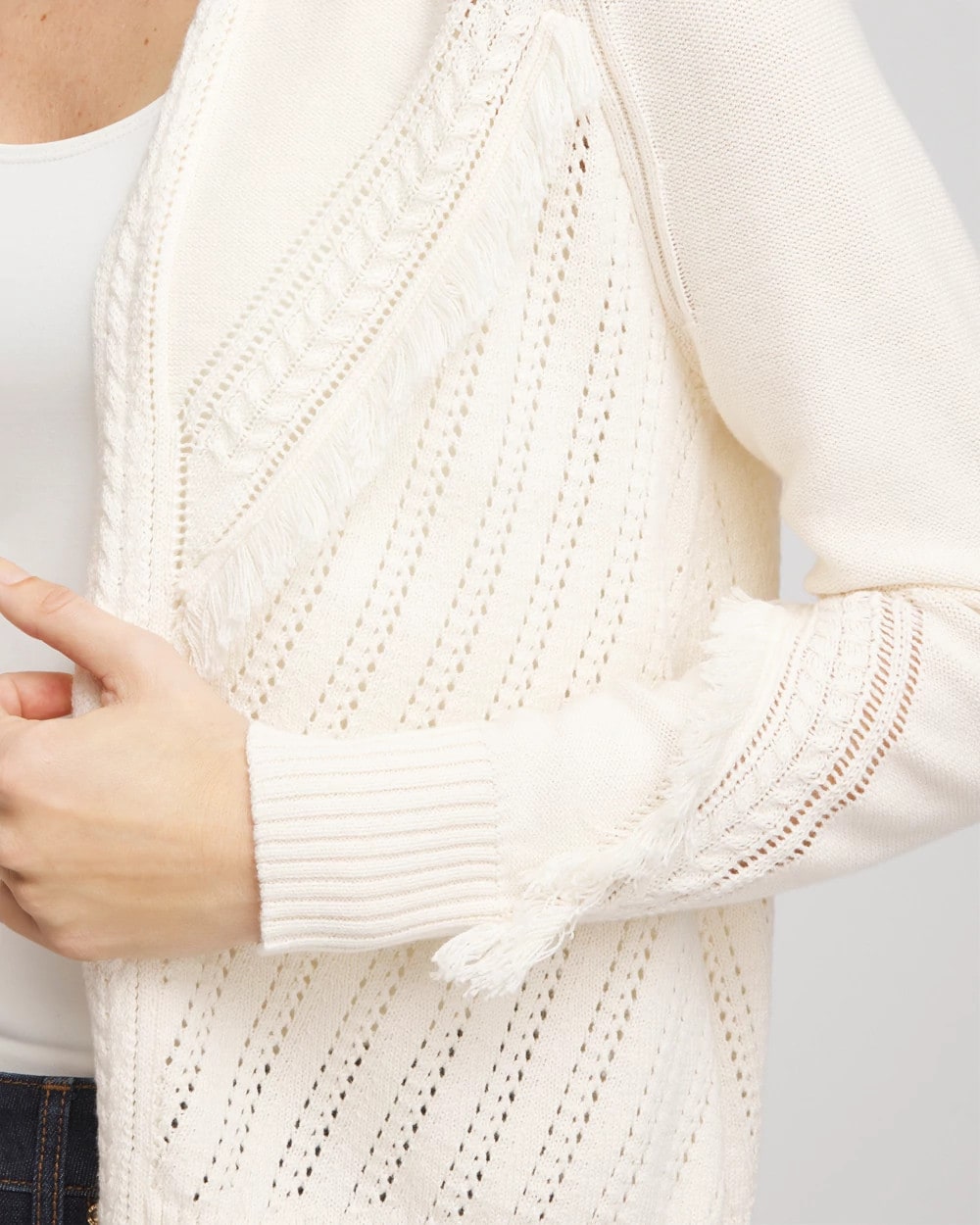 Chico's Cable Knit Fringed Sweater English Cream