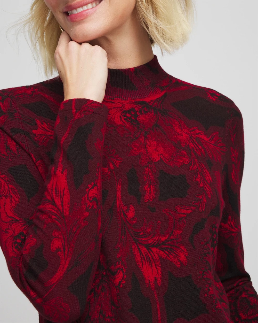 Chico's Ella Printed Mockneck Sweater Carmine Red