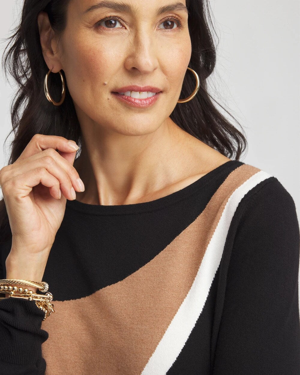 Chico's Intarsia Colorblock Bateau Neck Sweater Black
