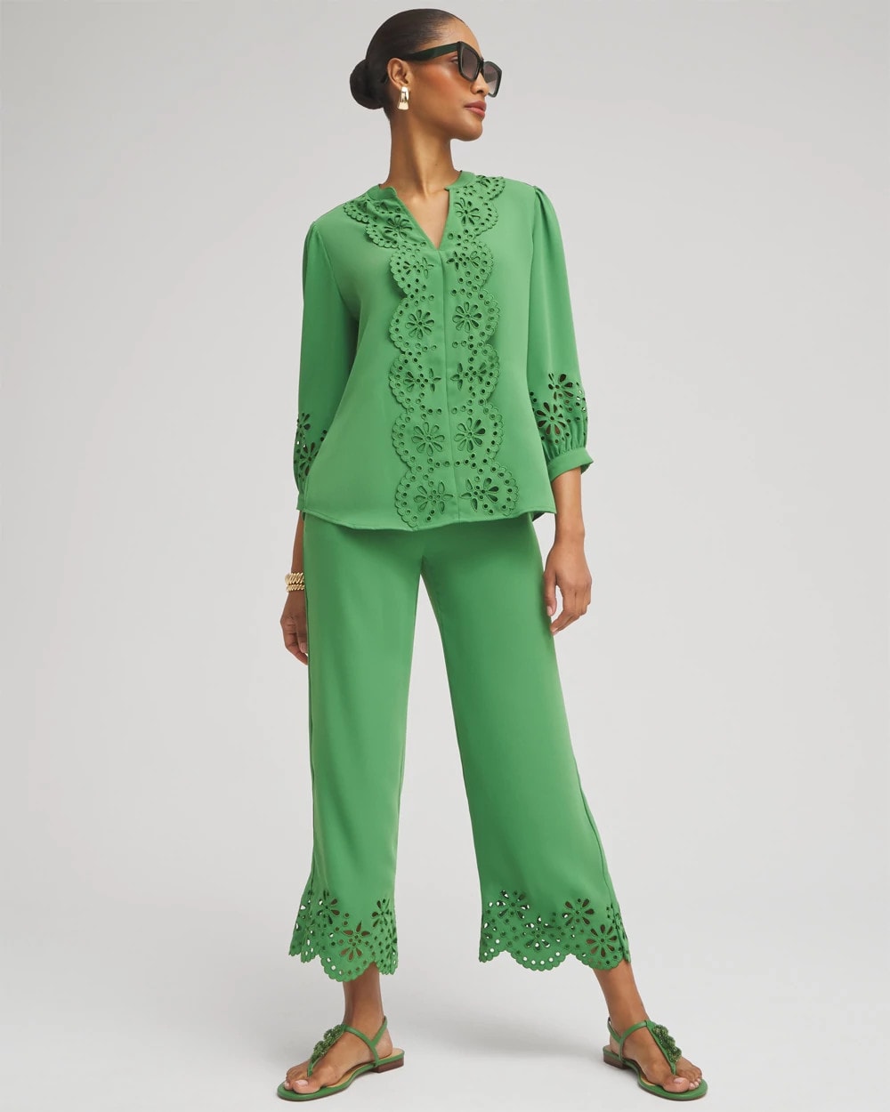 Chico's Petite Satin Eyelet Hem Culottes Verdant Green