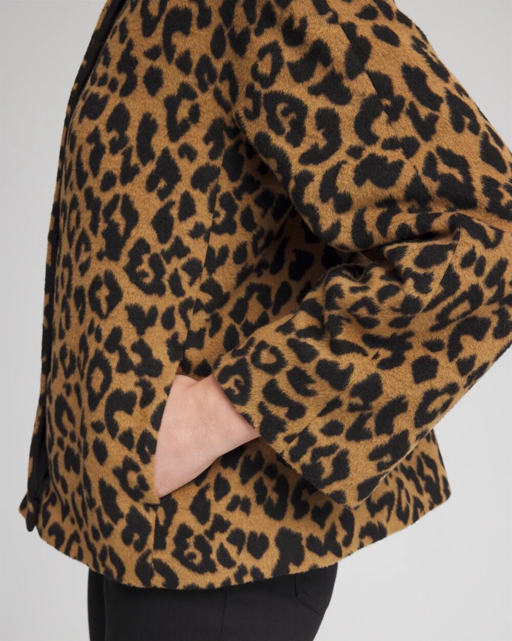 Chico's Fuzzy Collarless Animal Print Jacket Camel