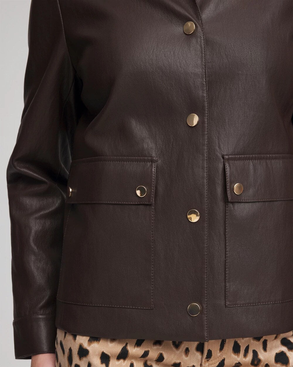 Chico's Snap Front Faux Leather Jacket Black Raisin