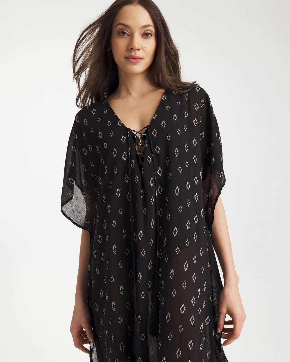 Chico's Printed Kaftan Swim Cover-Up Black/Neutral
