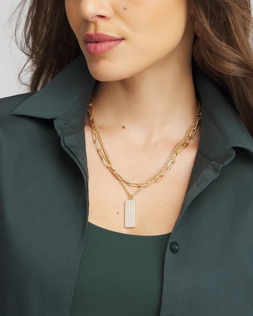 Chico's Convertible Gold Pave Pendant Necklace Gold