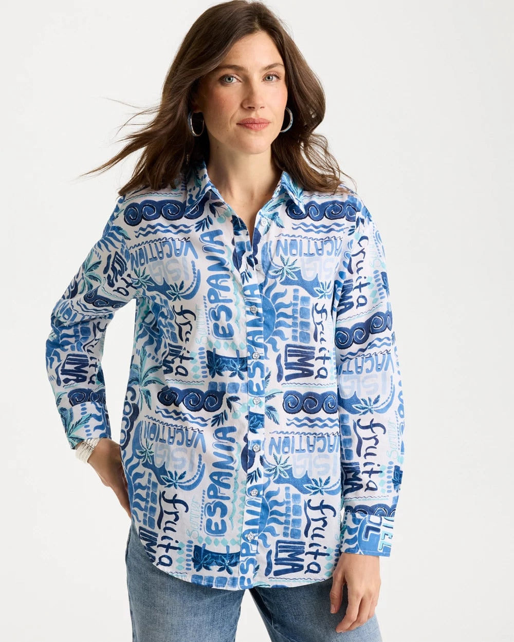 Chico's Cotton Voile Collared Beach Shirt Bondi Blue