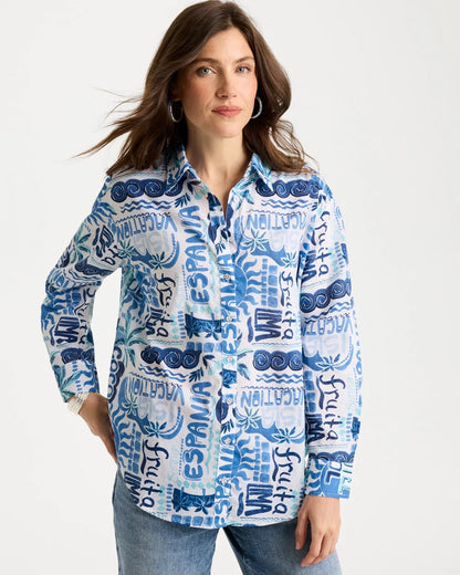 Chico's Cotton Voile Collared Beach Shirt Bondi Blue