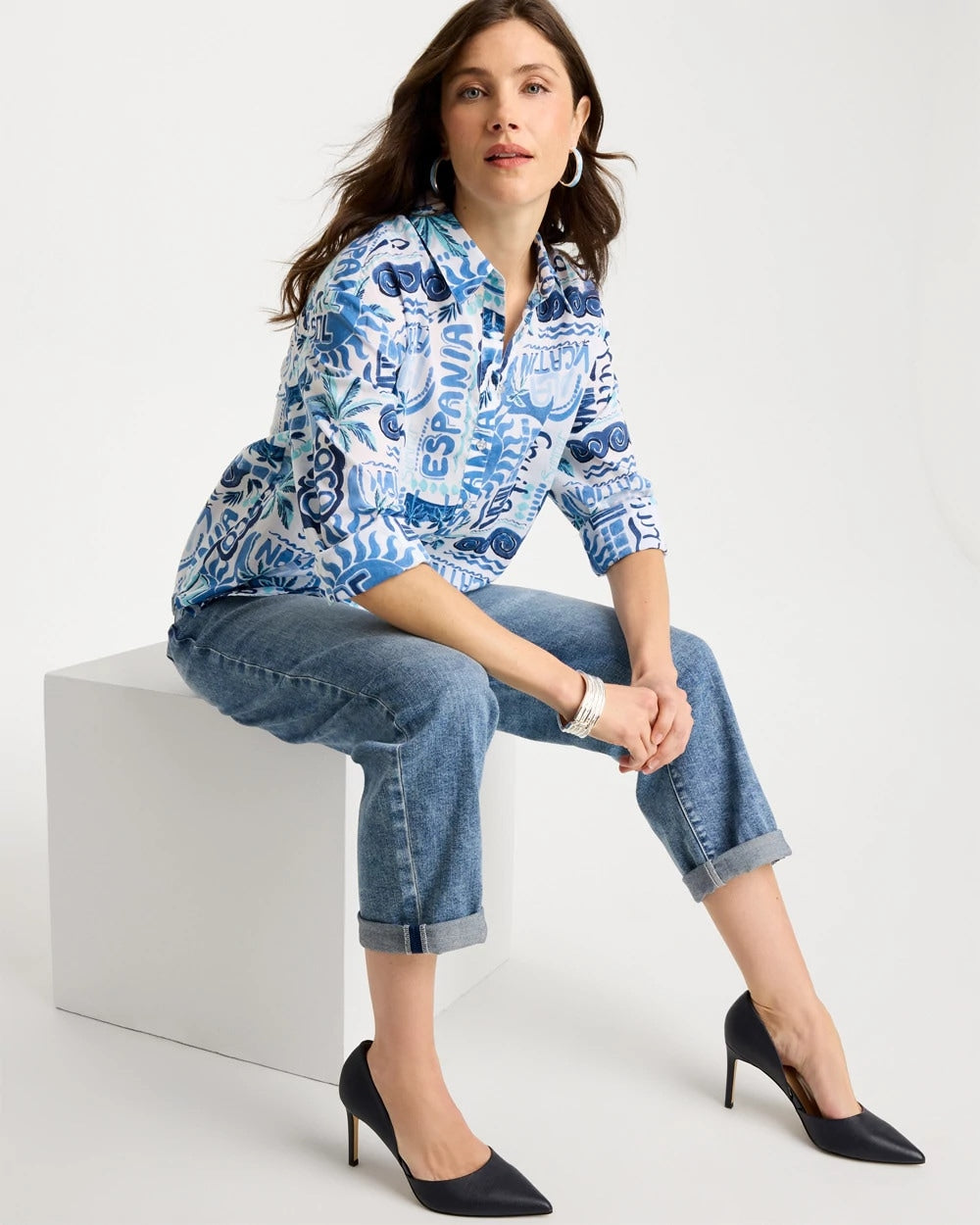 Chico's Cotton Voile Collared Beach Shirt Bondi Blue