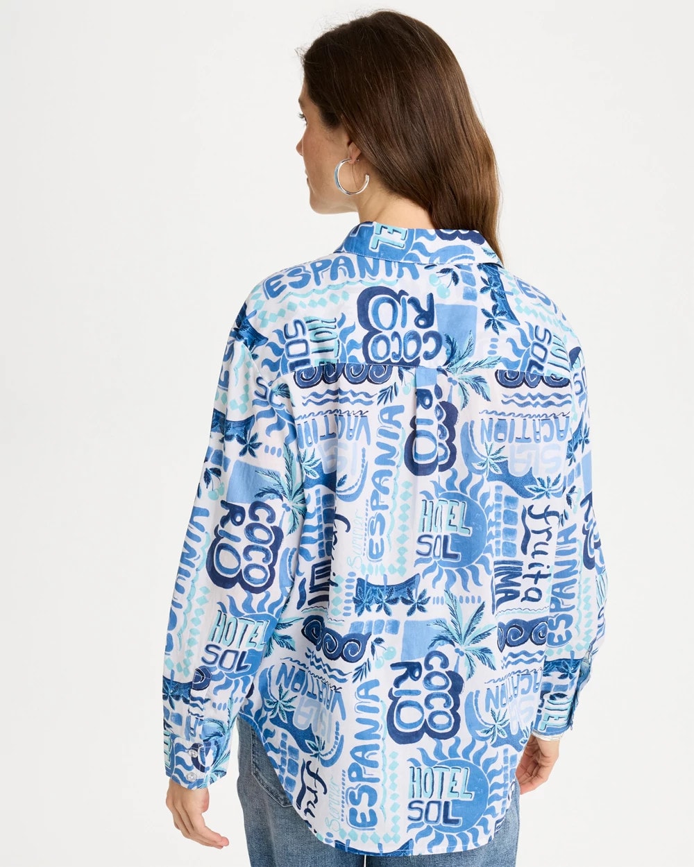 Chico's Cotton Voile Collared Beach Shirt Bondi Blue