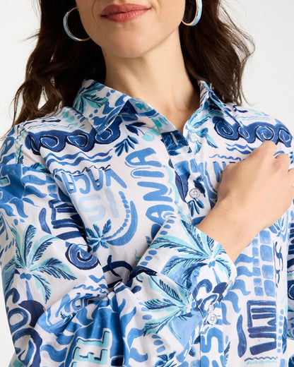 Chico's Cotton Voile Collared Beach Shirt Bondi Blue