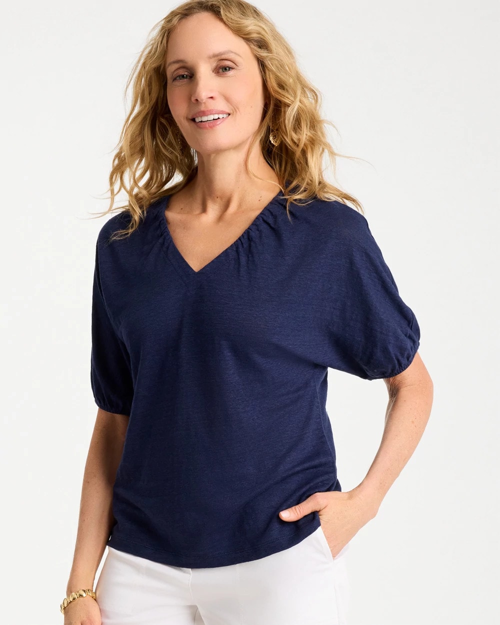 Chico's Linen Ruched V-Neck Tee Passport Blue
