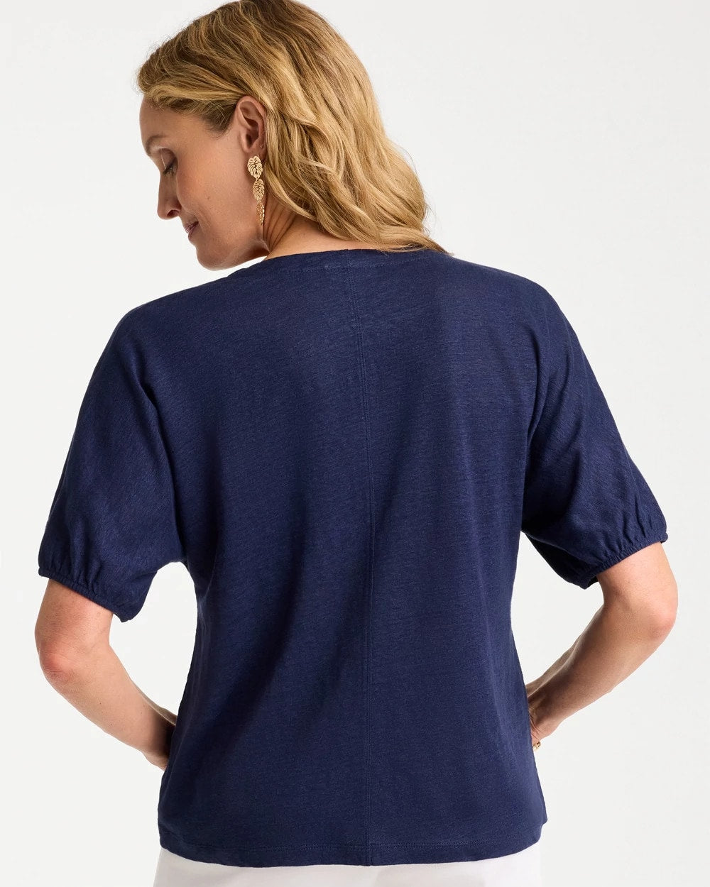 Chico's Linen Ruched V-Neck Tee Passport Blue