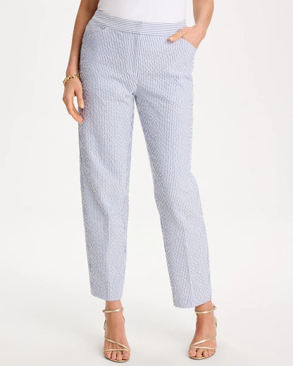 Chico's Striped Seersucker Straight Ankle Pants Blue