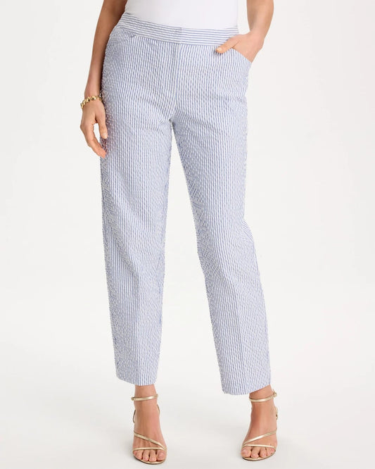 Chico's Striped Seersucker Straight Ankle Pants Blue
