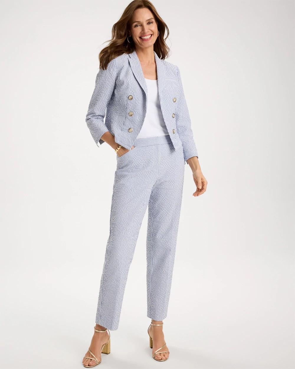 Chico's Striped Seersucker Straight Ankle Pants Blue
