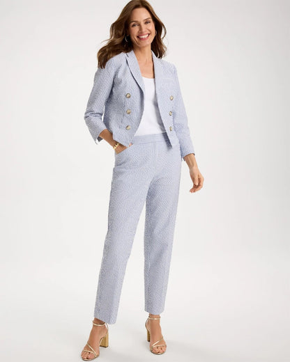 Chico's Striped Seersucker Straight Ankle Pants Blue