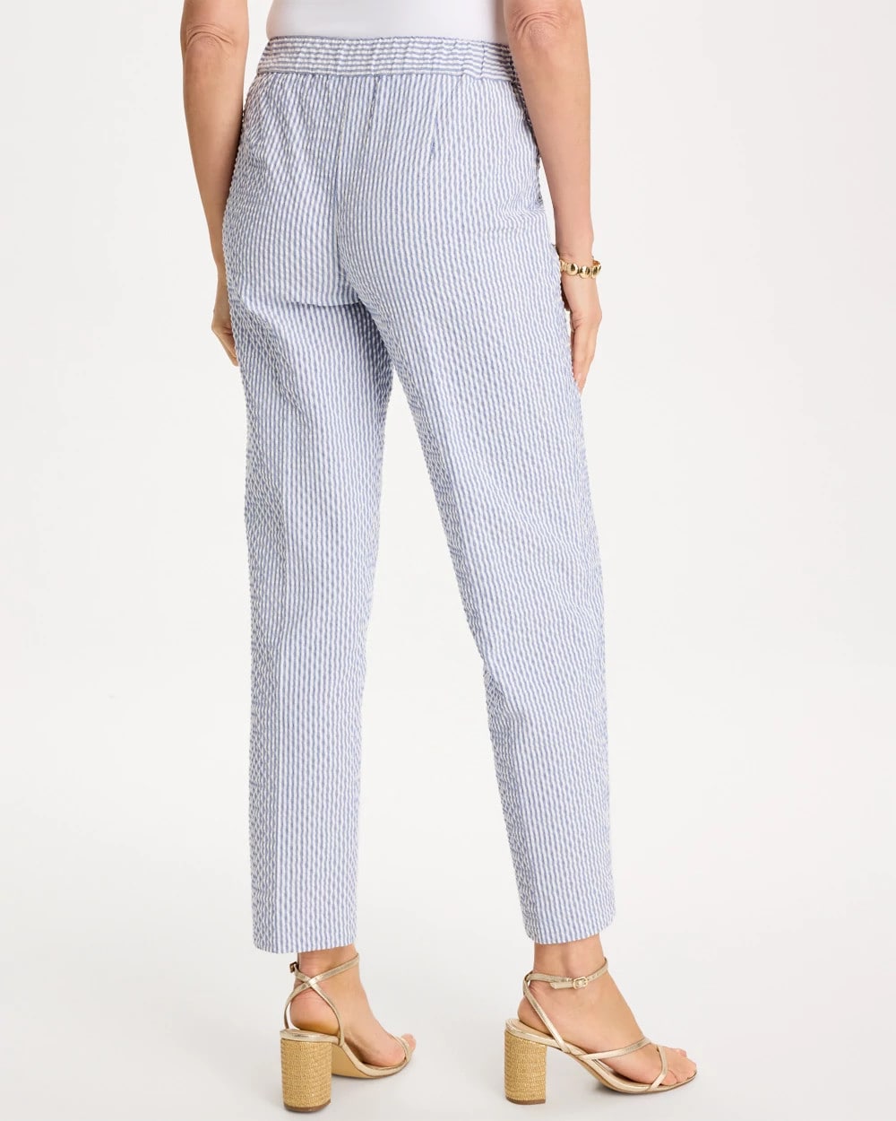 Chico's Striped Seersucker Straight Ankle Pants Blue