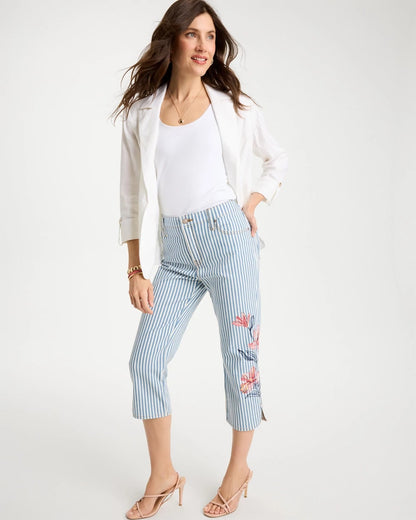 Chico's Girlfriend Slim Striped Capri Jeans Blue Stripe