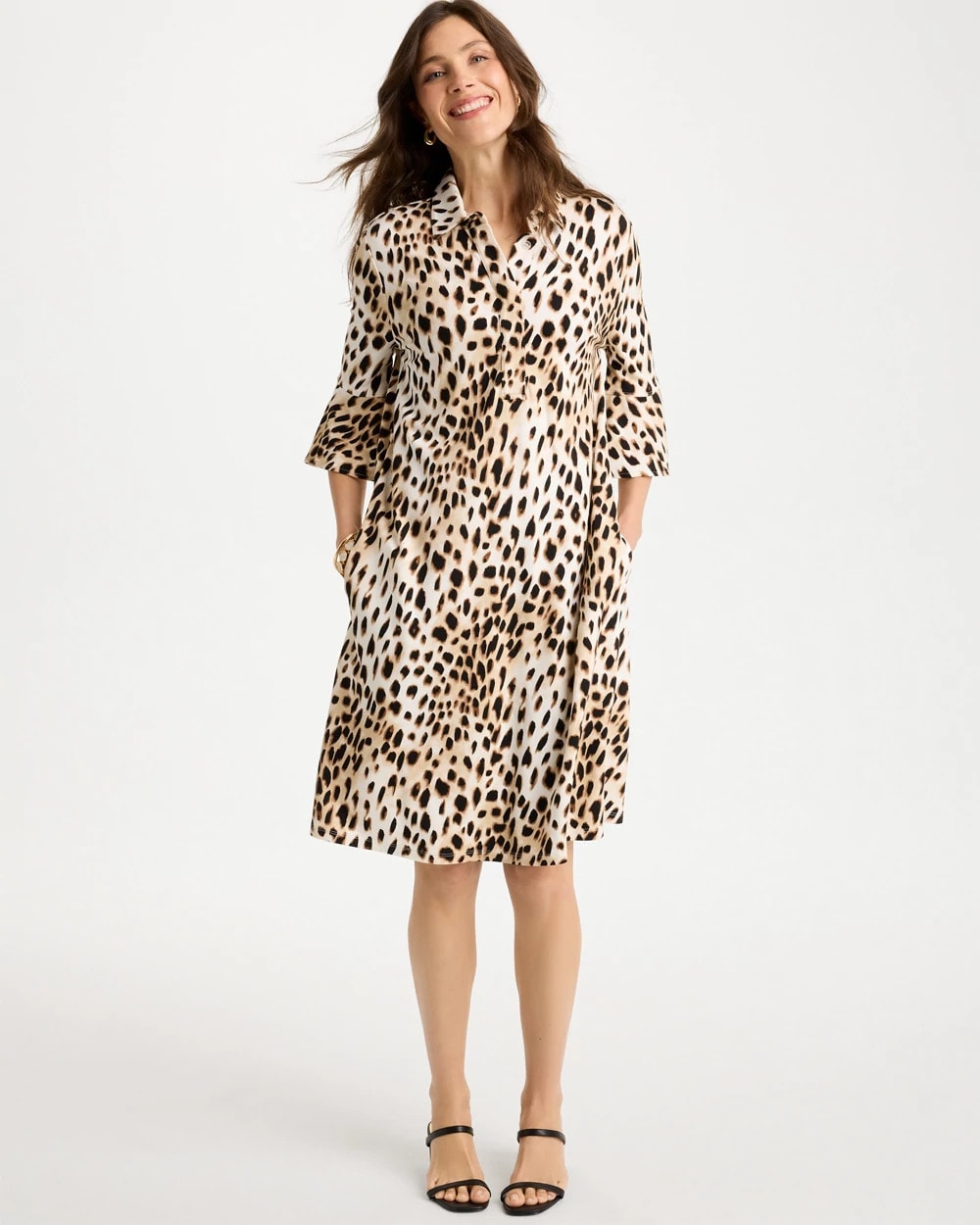 Chico's Ponte Knit Flounce Sleeve Dress Chocolate Fondant