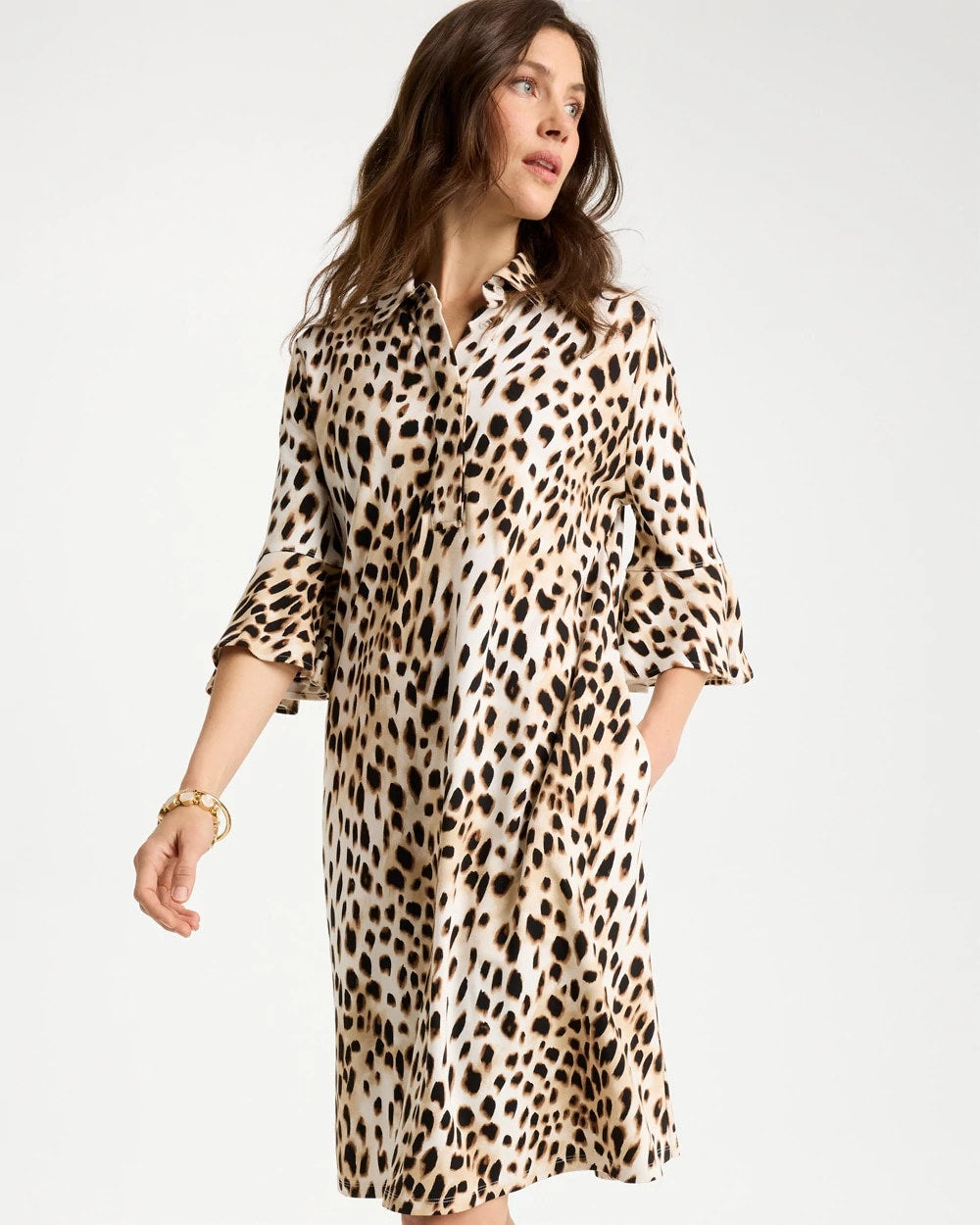 Chico's Ponte Knit Flounce Sleeve Dress Chocolate Fondant