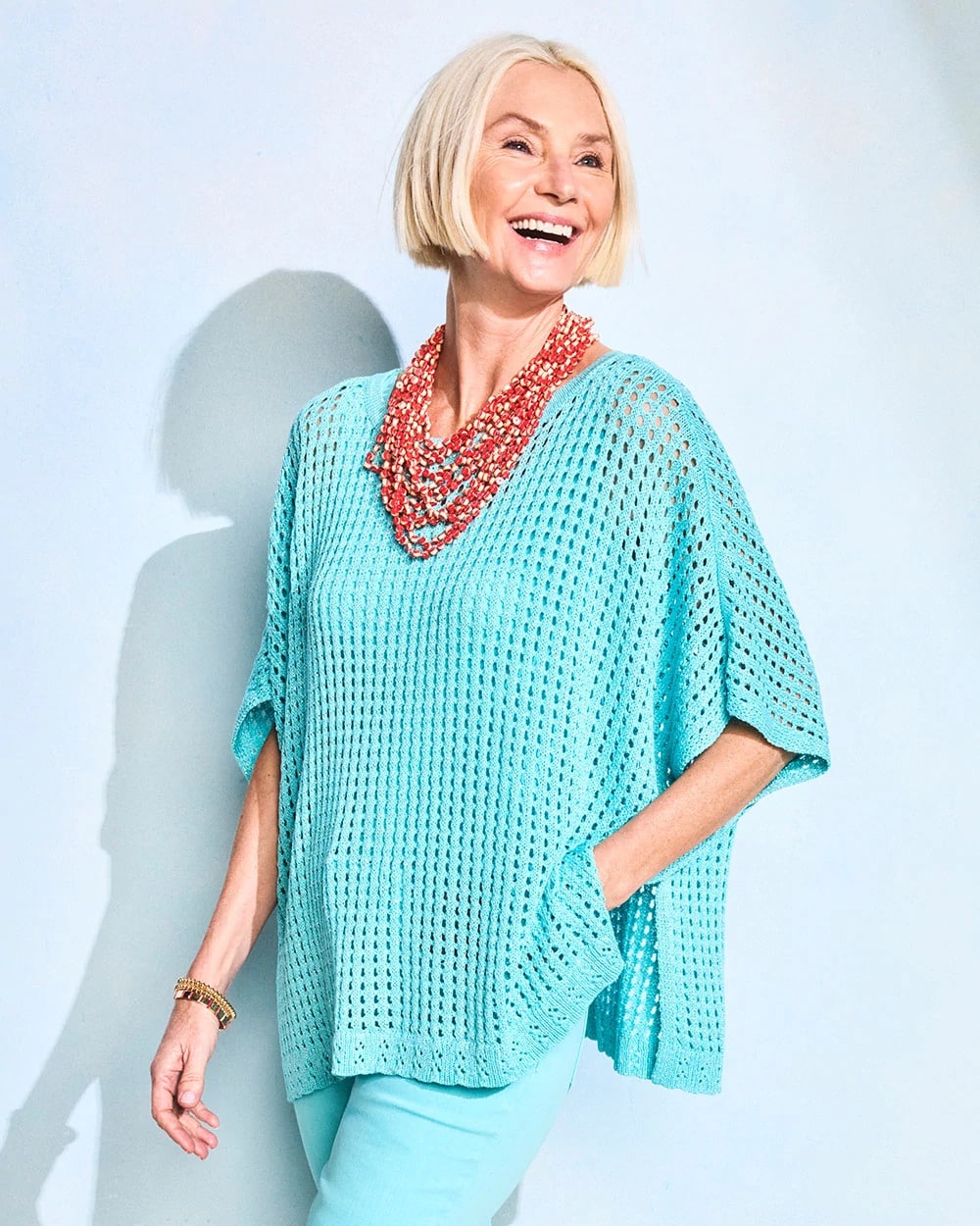 Chico's Lurex Open-Stitch Sweater Poncho Bondi Blue