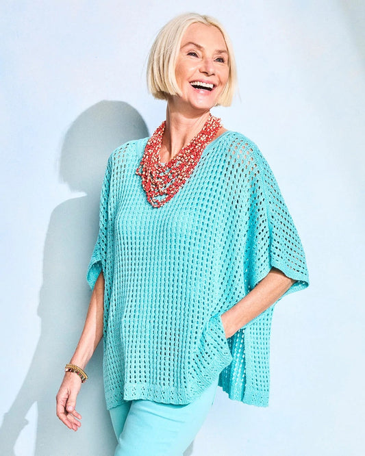 Chico's Lurex Open-Stitch Sweater Poncho Bondi Blue