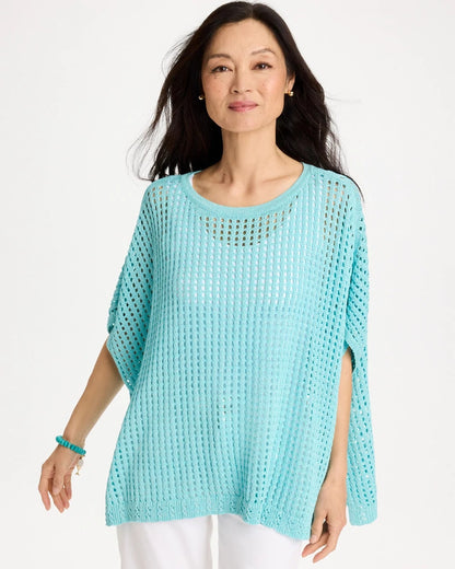 Chico's Lurex Open-Stitch Sweater Poncho Bondi Blue