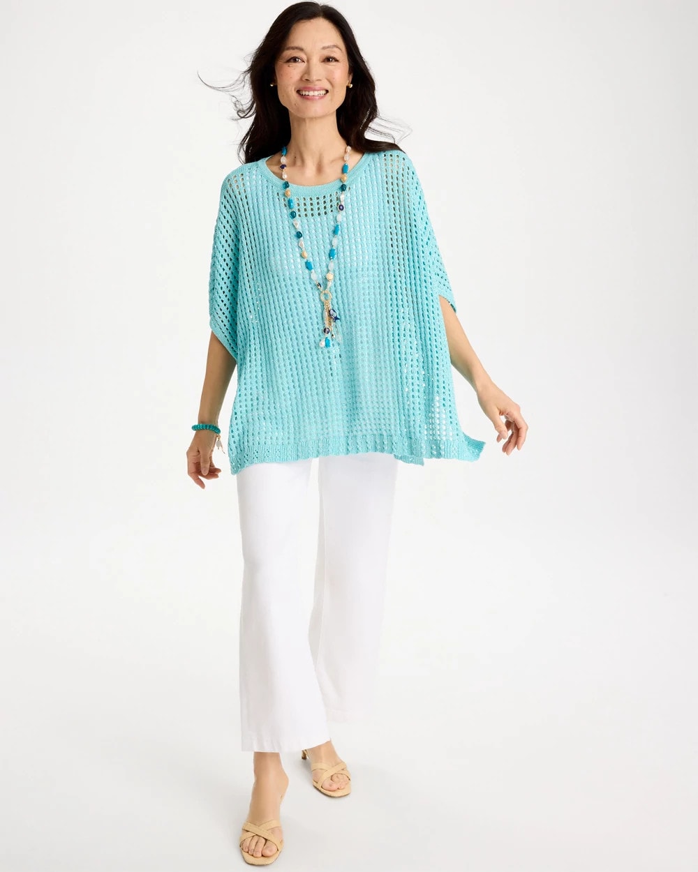 Chico's Lurex Open-Stitch Sweater Poncho Bondi Blue