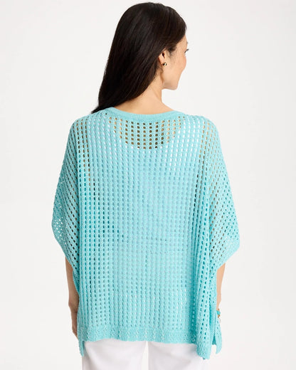 Chico's Lurex Open-Stitch Sweater Poncho Bondi Blue
