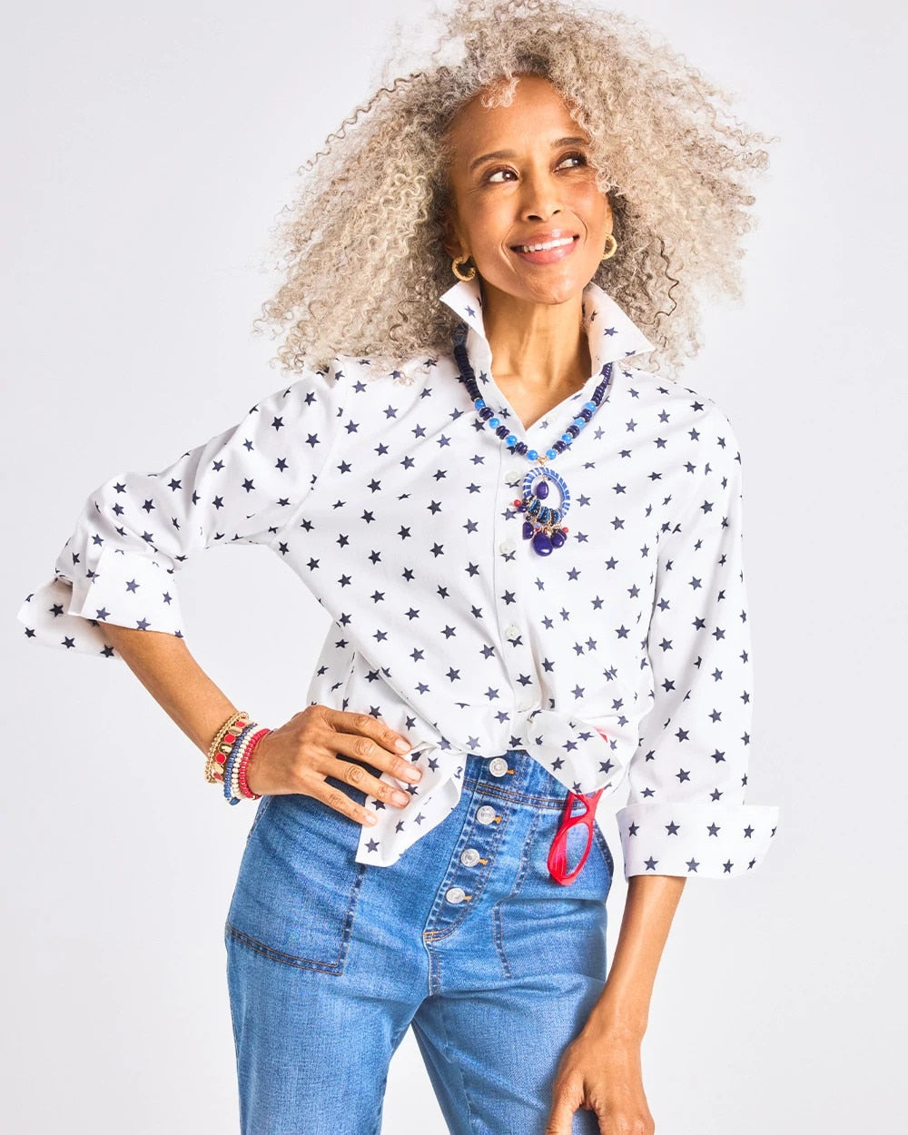 Chico's No Iron™ Stretch Jacquard Stars Shirt Passport Blue