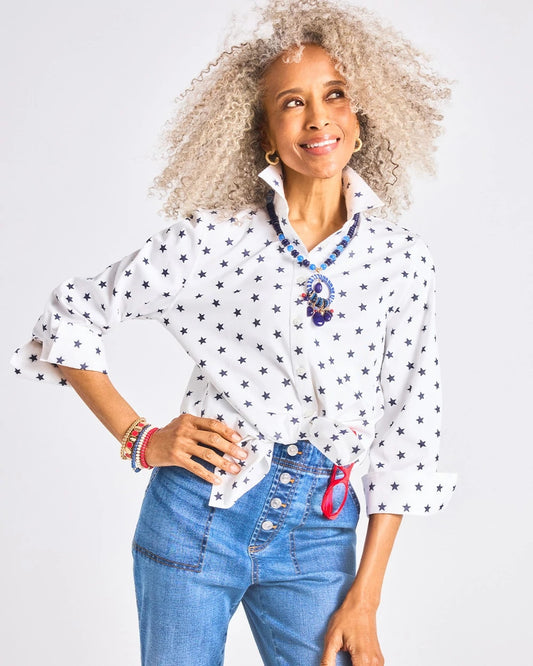 Chico's No Iron™ Stretch Jacquard Stars Shirt Passport Blue