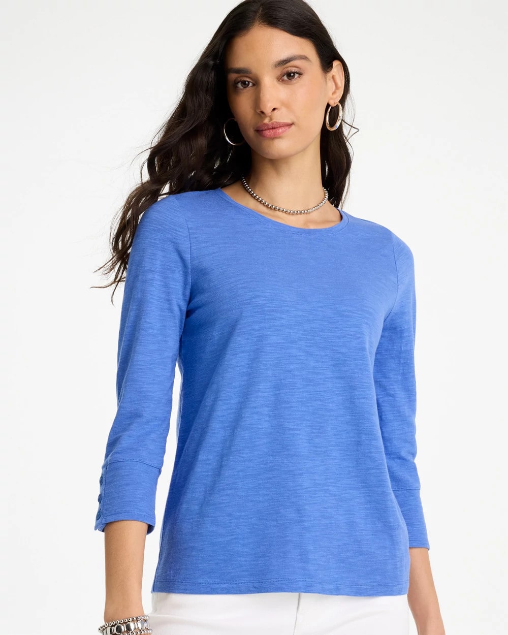 Chico's Cotton Slub 3/4 Sleeve Button Tee Amparo Blue