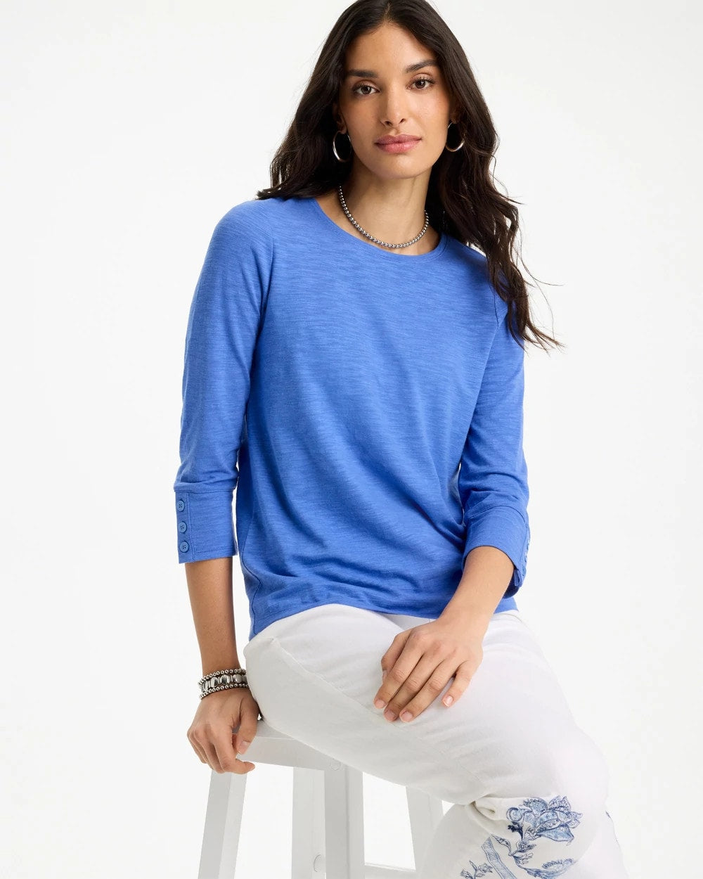 Chico's Cotton Slub 3/4 Sleeve Button Tee Amparo Blue