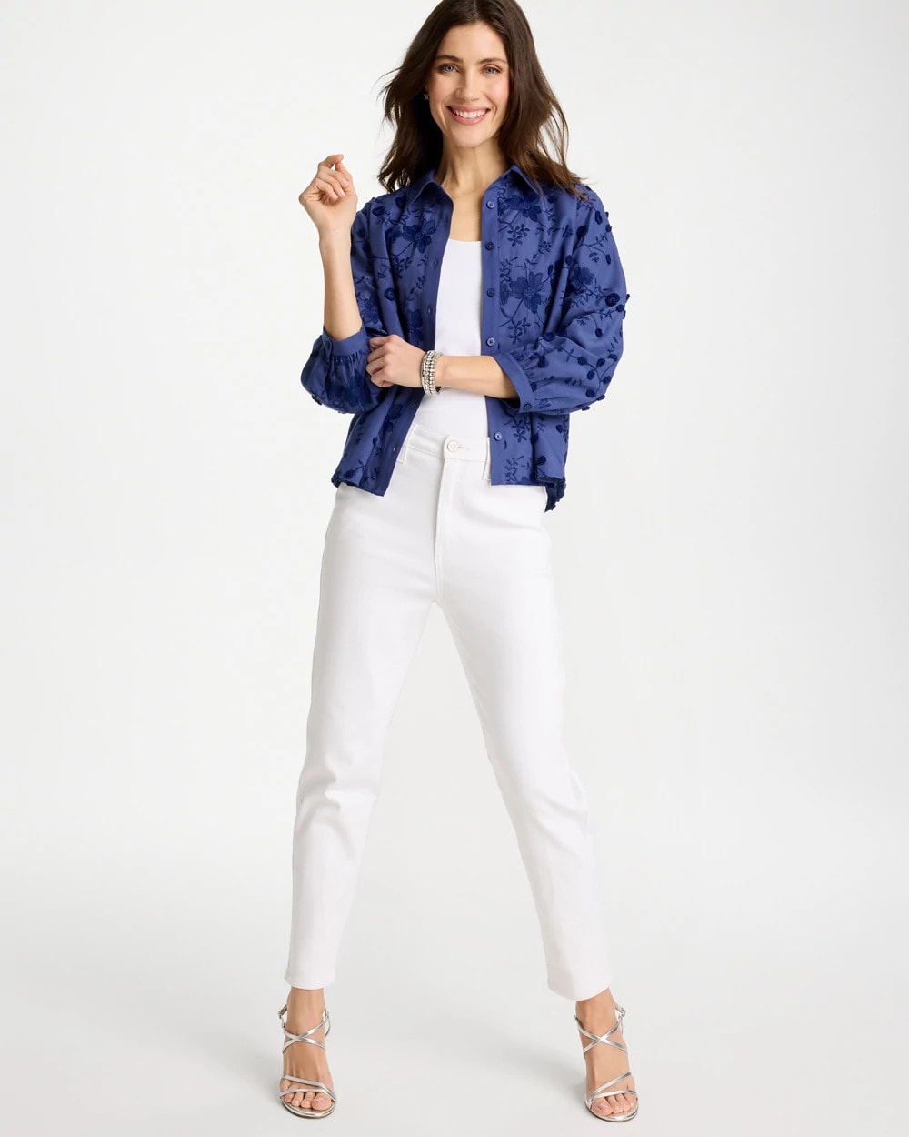 Chico's 3D Floral Embroidered Top Indigo