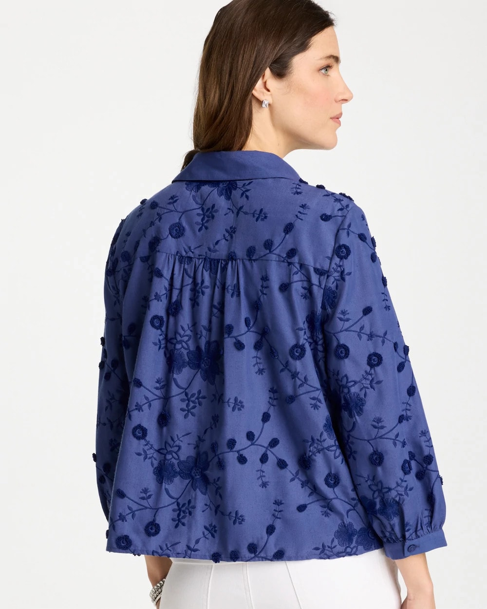 Chico's 3D Floral Embroidered Top Indigo