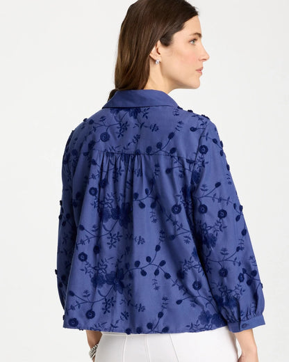Chico's 3D Floral Embroidered Top Indigo