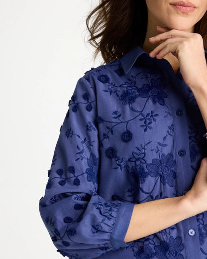 Chico's 3D Floral Embroidered Top Indigo