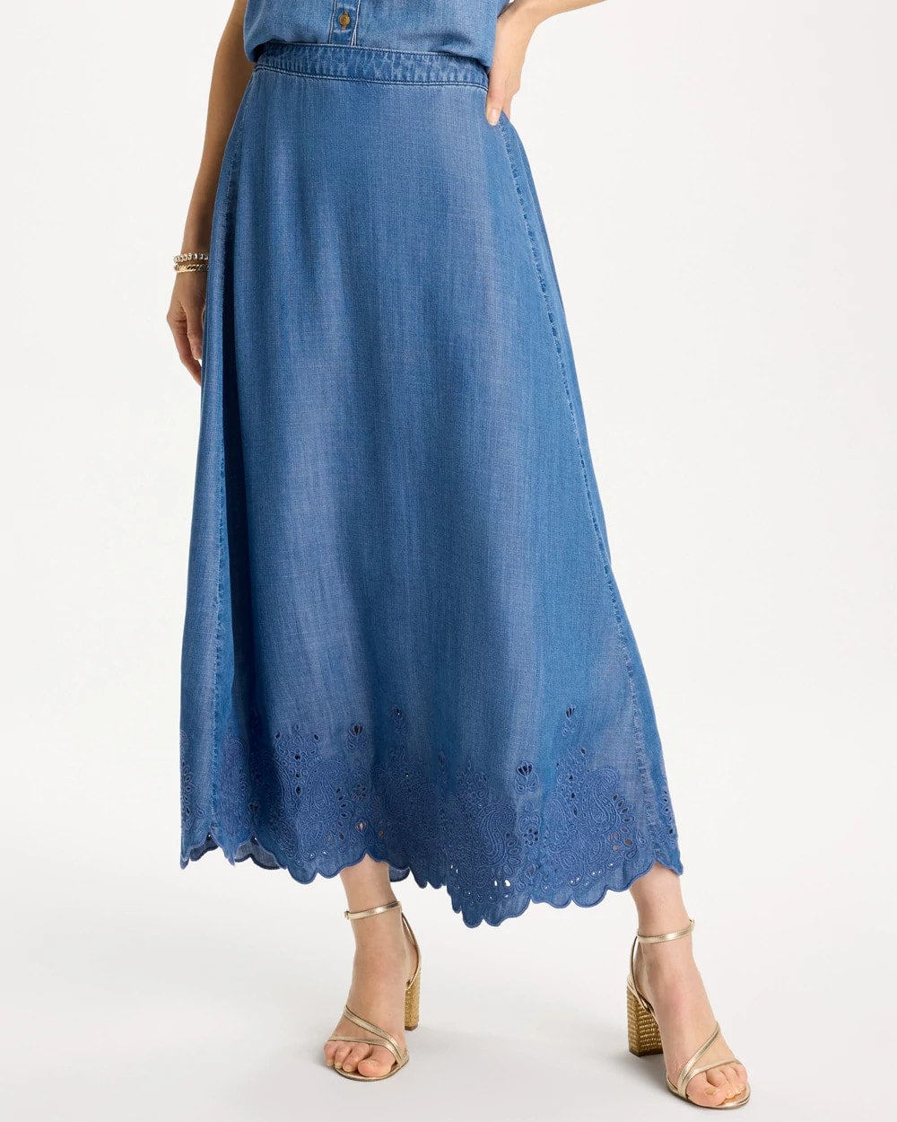 Chico's Indigo Twill Embroidered Hem Skirt Pearl Indigo